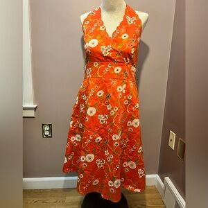 Y2K Spencer Jeremy Orange Floral Embroidered Halter Fit and Flare Dress Size 14